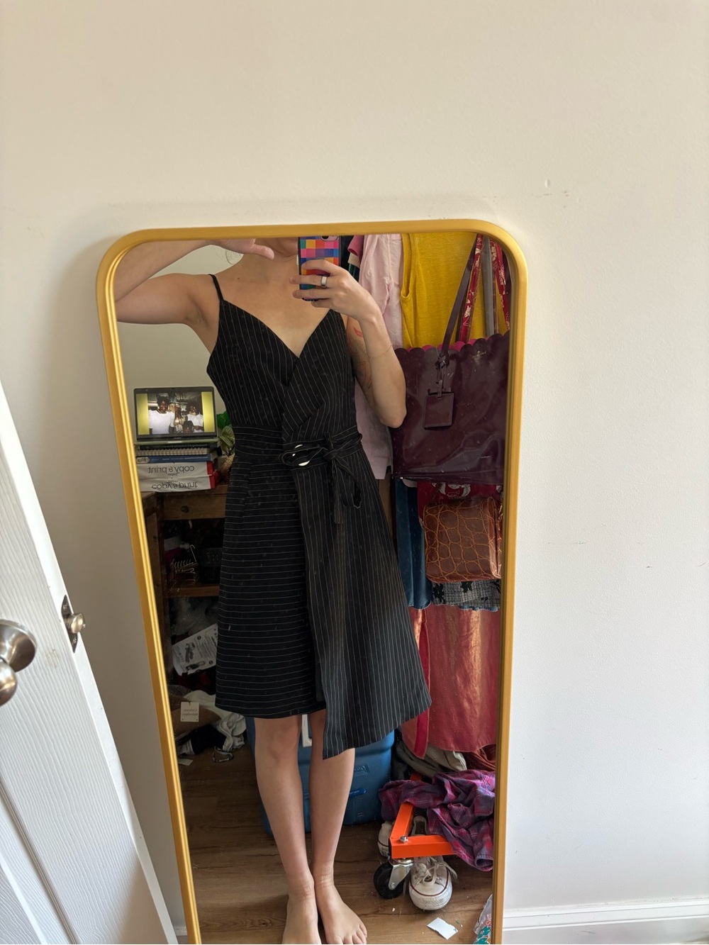 Vintage y2k Black Pinstriped Wrap Midi Dress with Belt